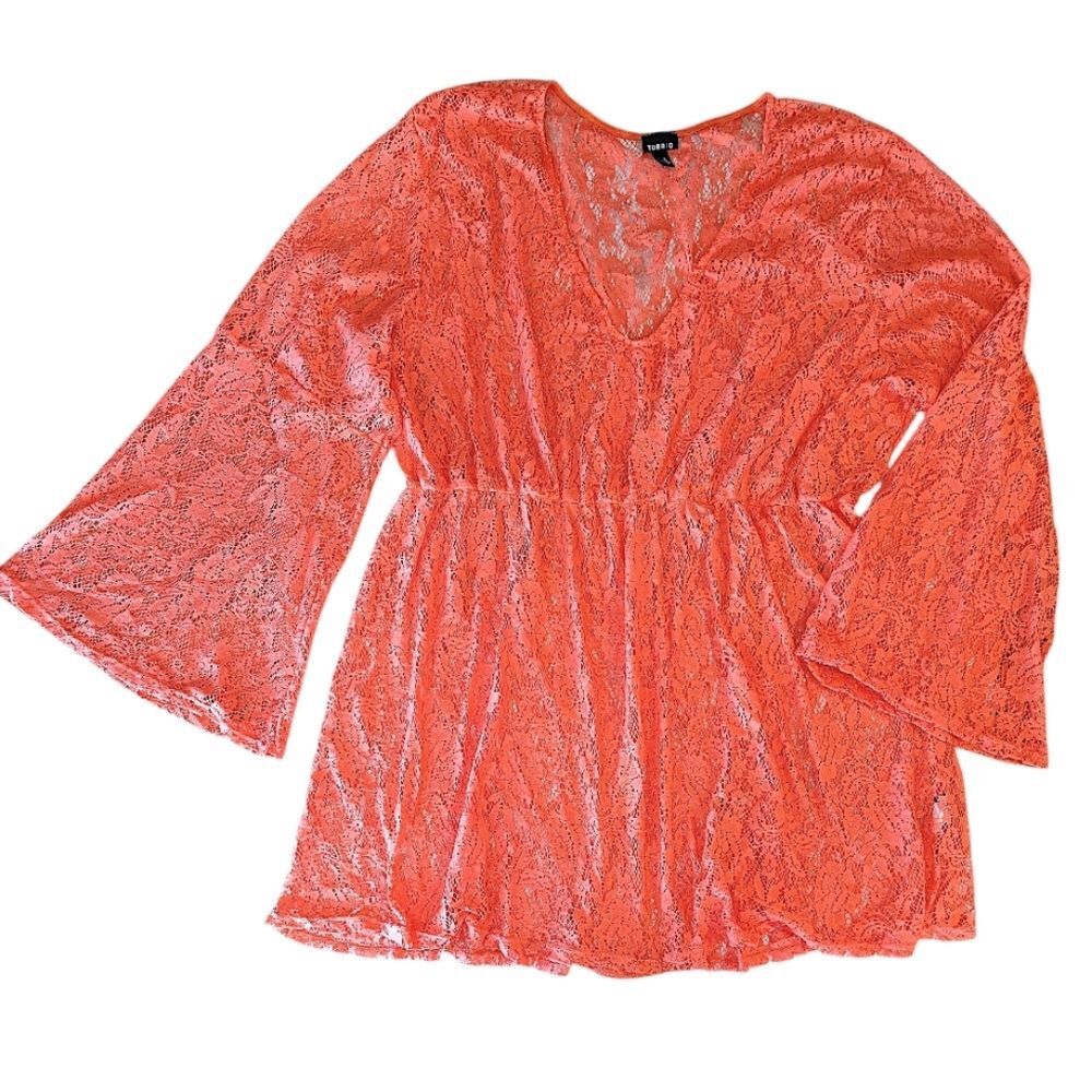 Torrid 2013 Coral Floral Lace Long Bell Sleeves Swim Coverup Mini Dress Plus 5X